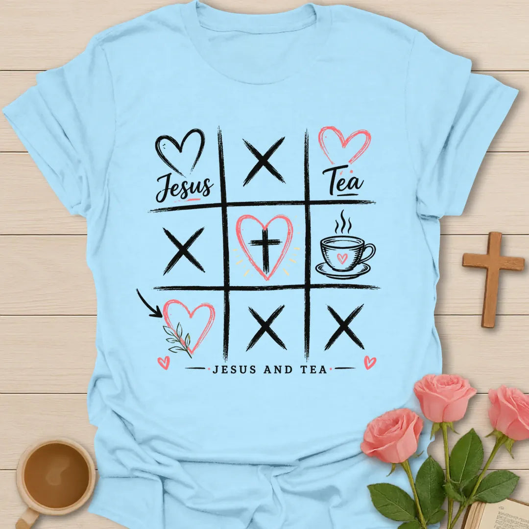 Jesus and Tea X and Hearts shirt with tic tac toe style hearts, cross, teacup, and Christian faith lettering. - Light Blue