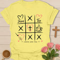 Jesus and Tea X and Hearts shirt with tic tac toe style hearts, cross, teacup, and Christian faith lettering. - Cornsilk