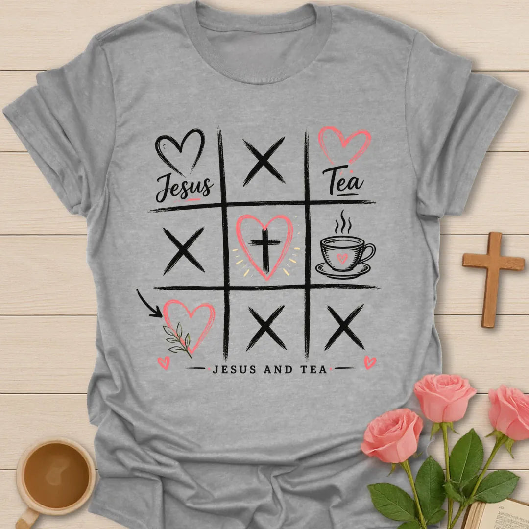 Jesus and Tea X and Hearts shirt with tic tac toe style hearts, cross, teacup, and Christian faith lettering. - Sport Grey