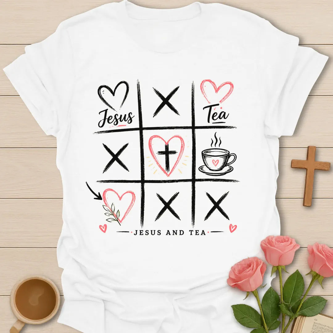 Jesus and Tea X and Hearts shirt with tic tac toe style hearts, cross, teacup, and Christian faith lettering. - White