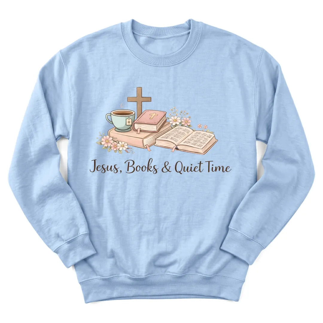 Jesus Books Quiet Time sweatshirt with stacked books, Bible and teacup - Light Blue
