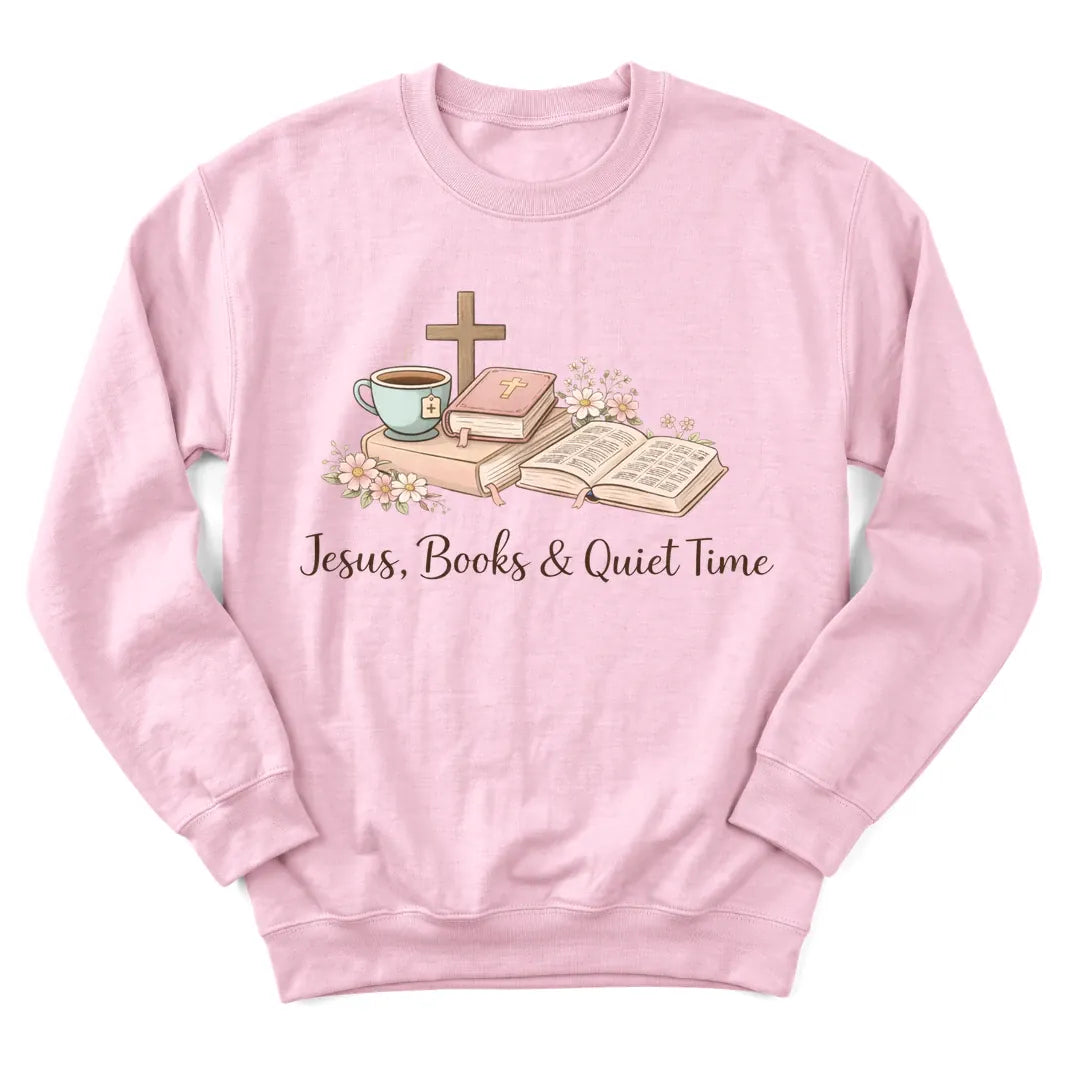 Jesus Books Quiet Time sweatshirt with stacked books, Bible and teacup - Light Pink