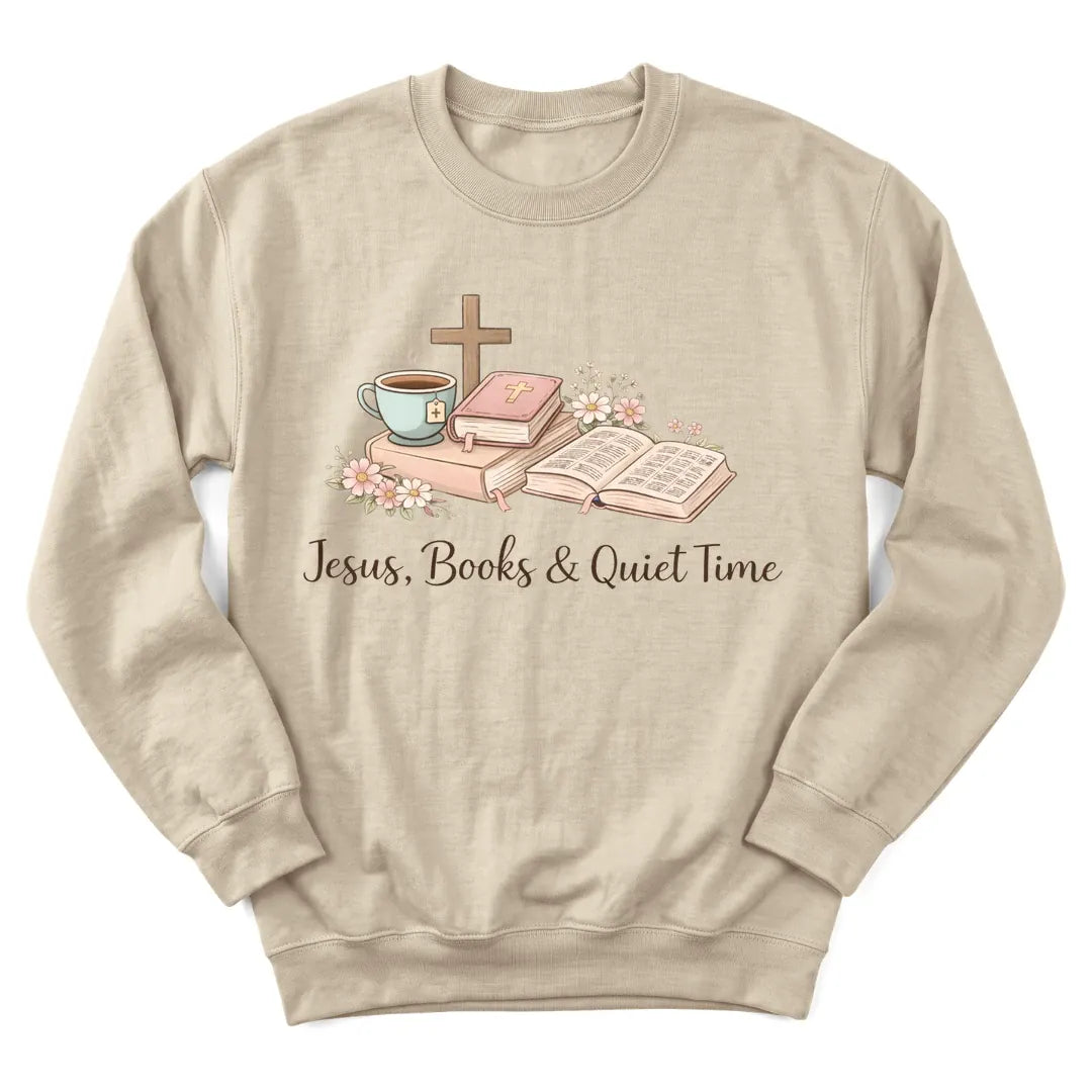 Jesus Books Quiet Time sweatshirt with stacked books, Bible and teacup - Sand