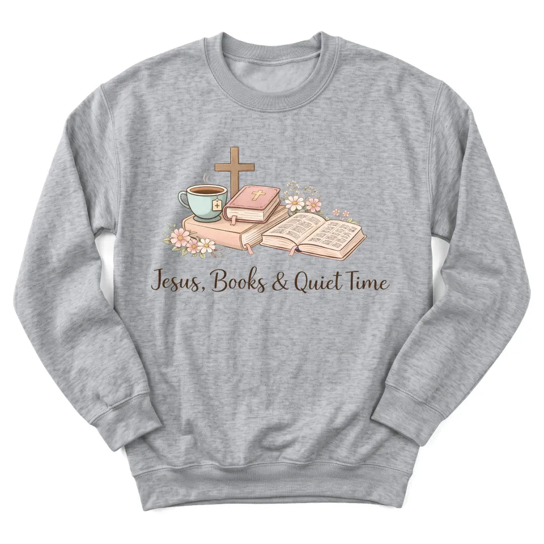 Jesus Books Quiet Time sweatshirt with stacked books, Bible and teacup - Sport Grey