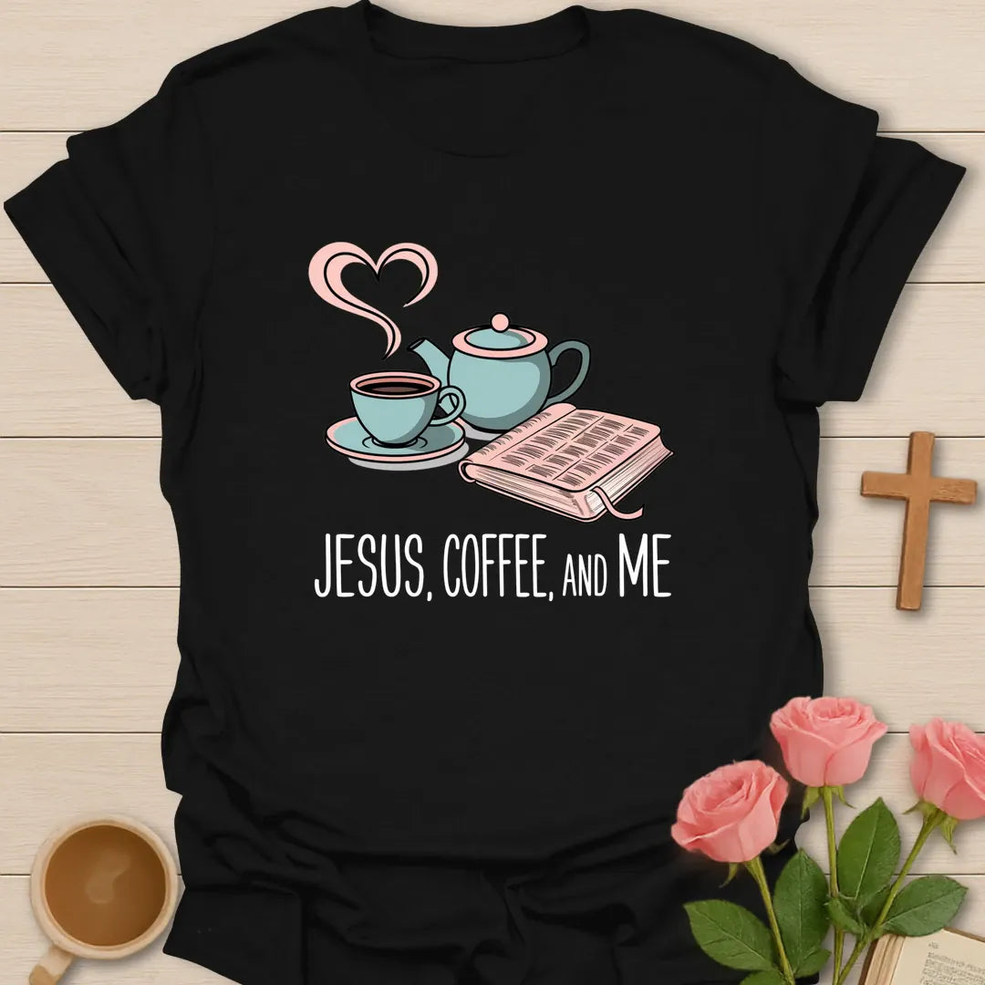 Jesus Coffee And Me Christian t-shirt with faith-inspired coffee lettering design - Black