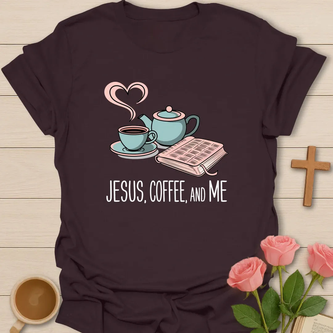 Jesus Coffee And Me Christian t-shirt with faith-inspired coffee lettering design - Dark Chocolate