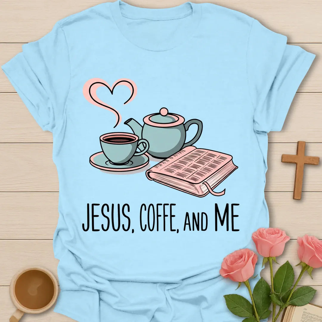 Faithful Brew t-shirt with warm brew artwork and faith-inspired design - Light Blue