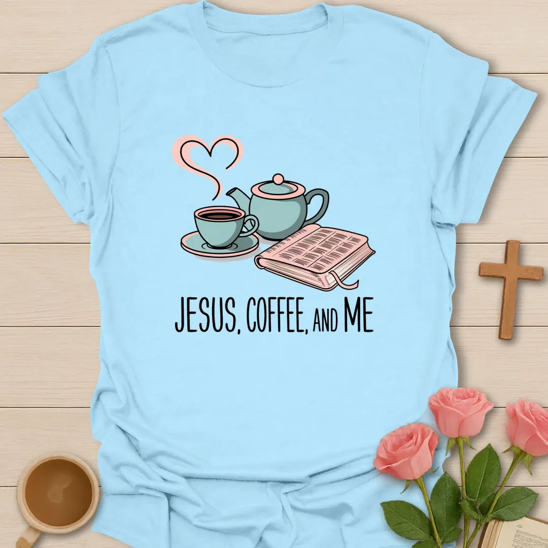 Jesus Coffee And Me Christian t-shirt with faith-inspired coffee lettering design - Light Blue