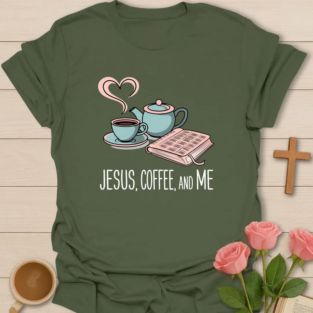 Jesus Coffee And Me Christian t-shirt with faith-inspired coffee lettering design - Military Green