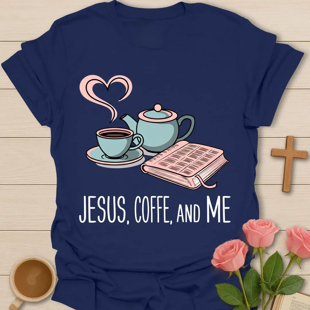 Faithful Brew t-shirt with warm brew artwork and faith-inspired design - Navy