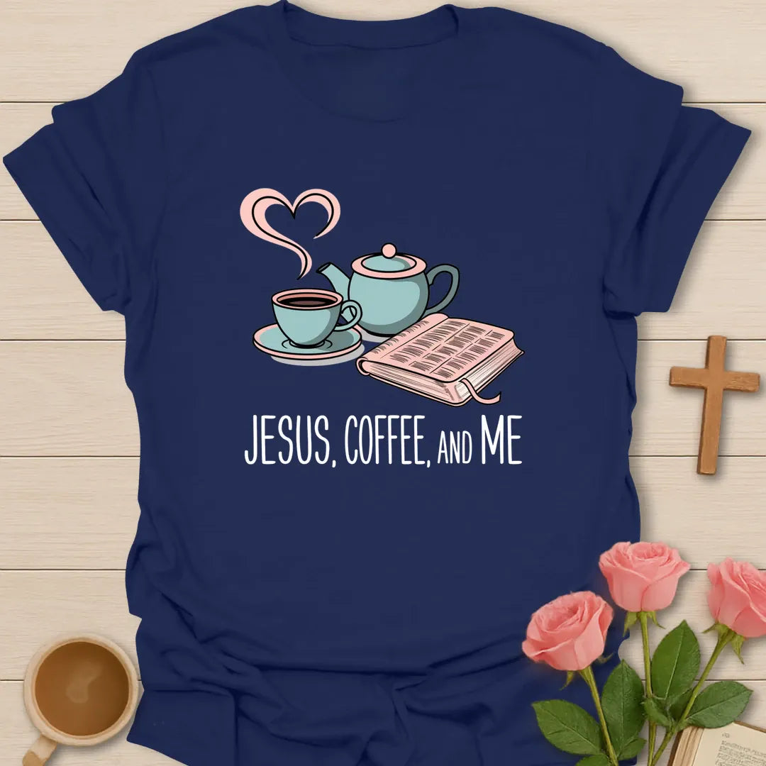 Jesus Coffee And Me Christian t-shirt with faith-inspired coffee lettering design - Navy