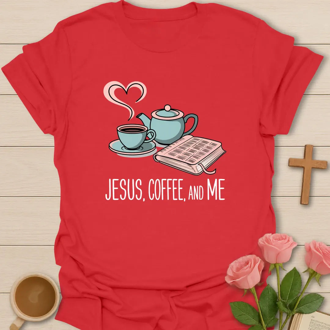 Jesus Coffee And Me Christian t-shirt with faith-inspired coffee lettering design - Red