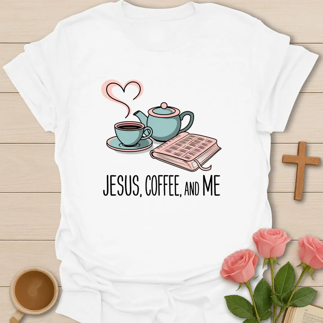 Jesus Coffee And Me Christian t-shirt with faith-inspired coffee lettering design - White