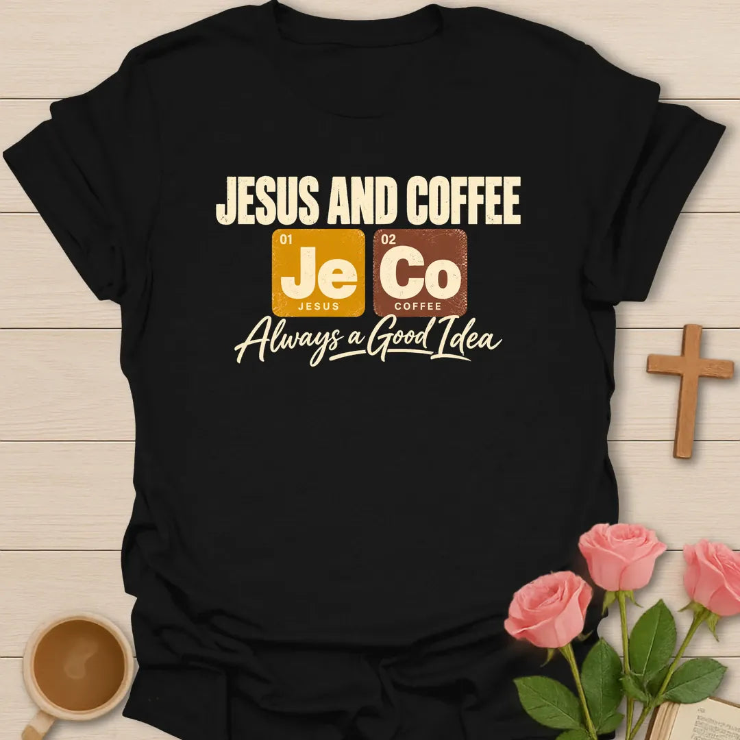 Jesus And Coffee t-shirt with periodic table tiles Je and Co and Always a Good Idea script - Black