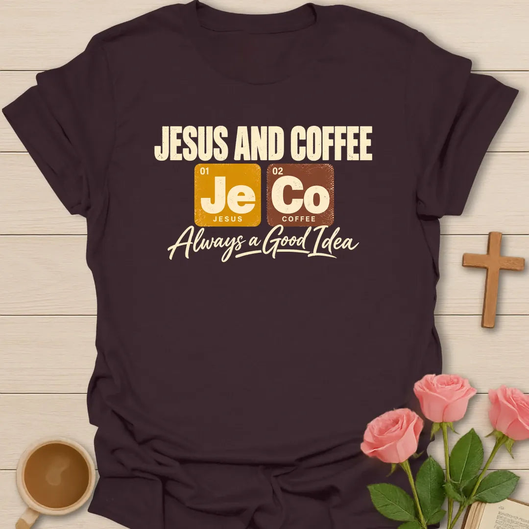 Jesus And Coffee t-shirt with periodic table tiles Je and Co and Always a Good Idea script - Dark Chocolate