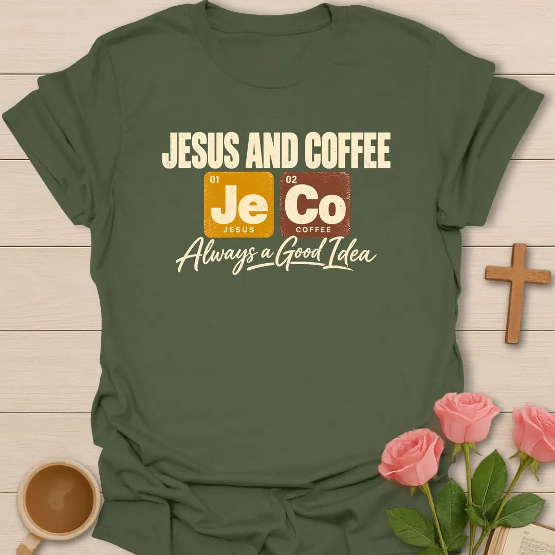 Jesus And Coffee t-shirt with periodic table tiles Je and Co and Always a Good Idea script - Military Green