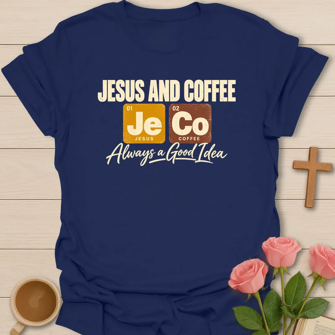 Jesus And Coffee t-shirt with periodic table tiles Je and Co and Always a Good Idea script - Navy