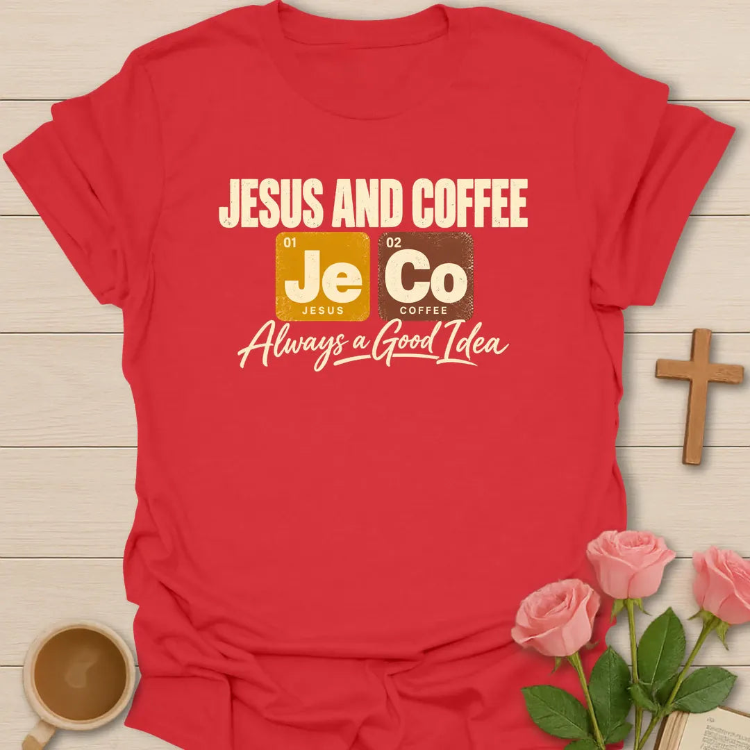 Jesus And Coffee t-shirt with periodic table tiles Je and Co and Always a Good Idea script - Red