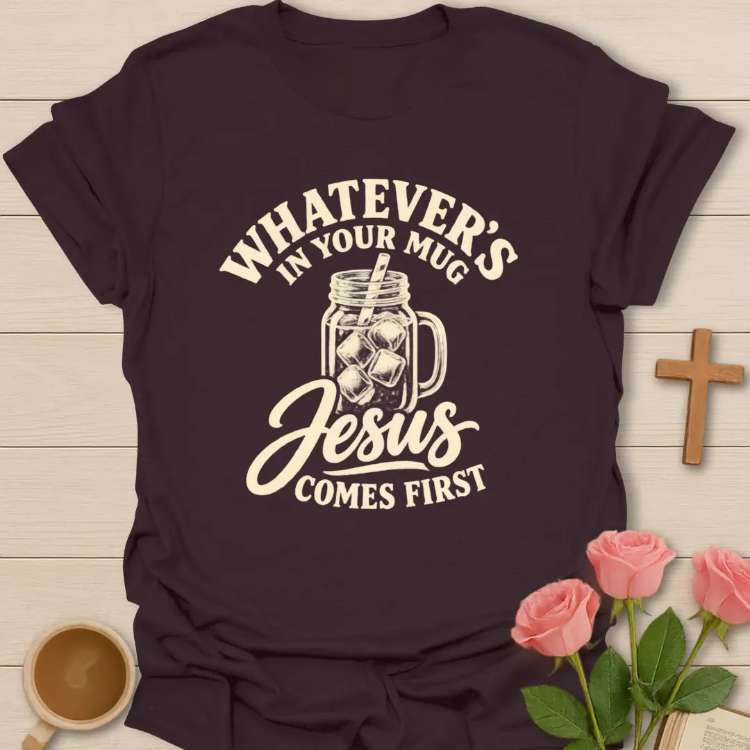 Jesus Comes First t-shirt with faith-inspired lettering - Dark Chocolate