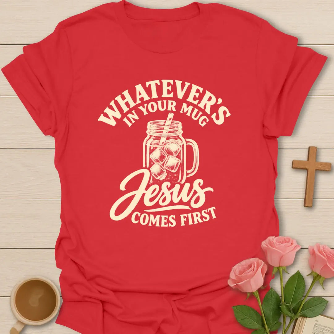 Jesus Comes First t-shirt with faith-inspired lettering - Red