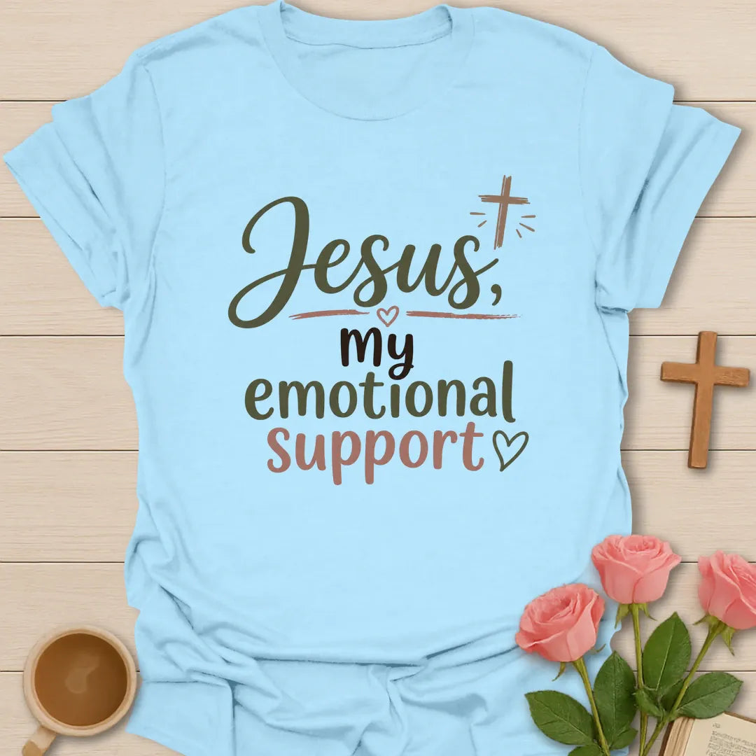 Jesus, My Emotional Support shirt with cross, teacup, and playful faith design. - Light Blue