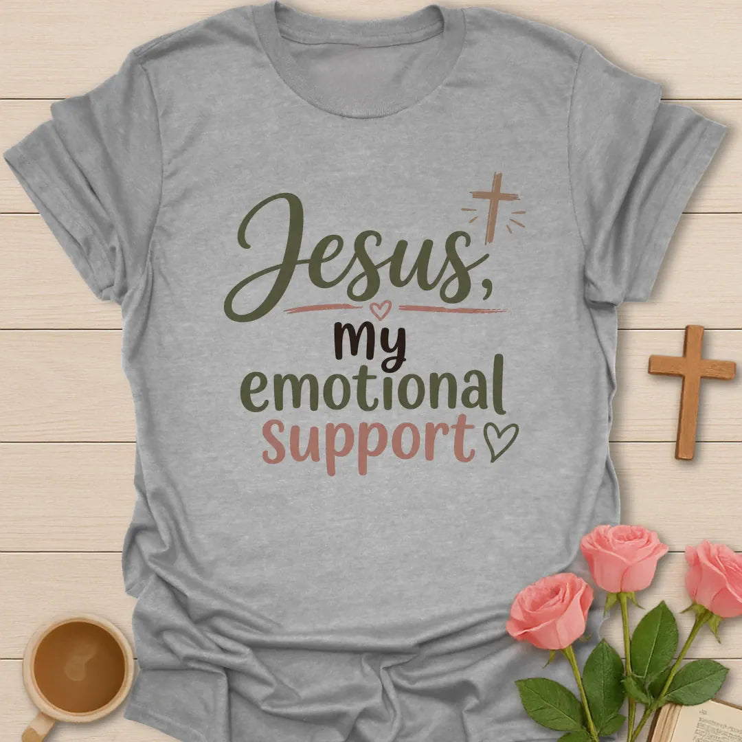 Jesus, My Emotional Support shirt with cross, teacup, and playful faith design. - Sport Grey