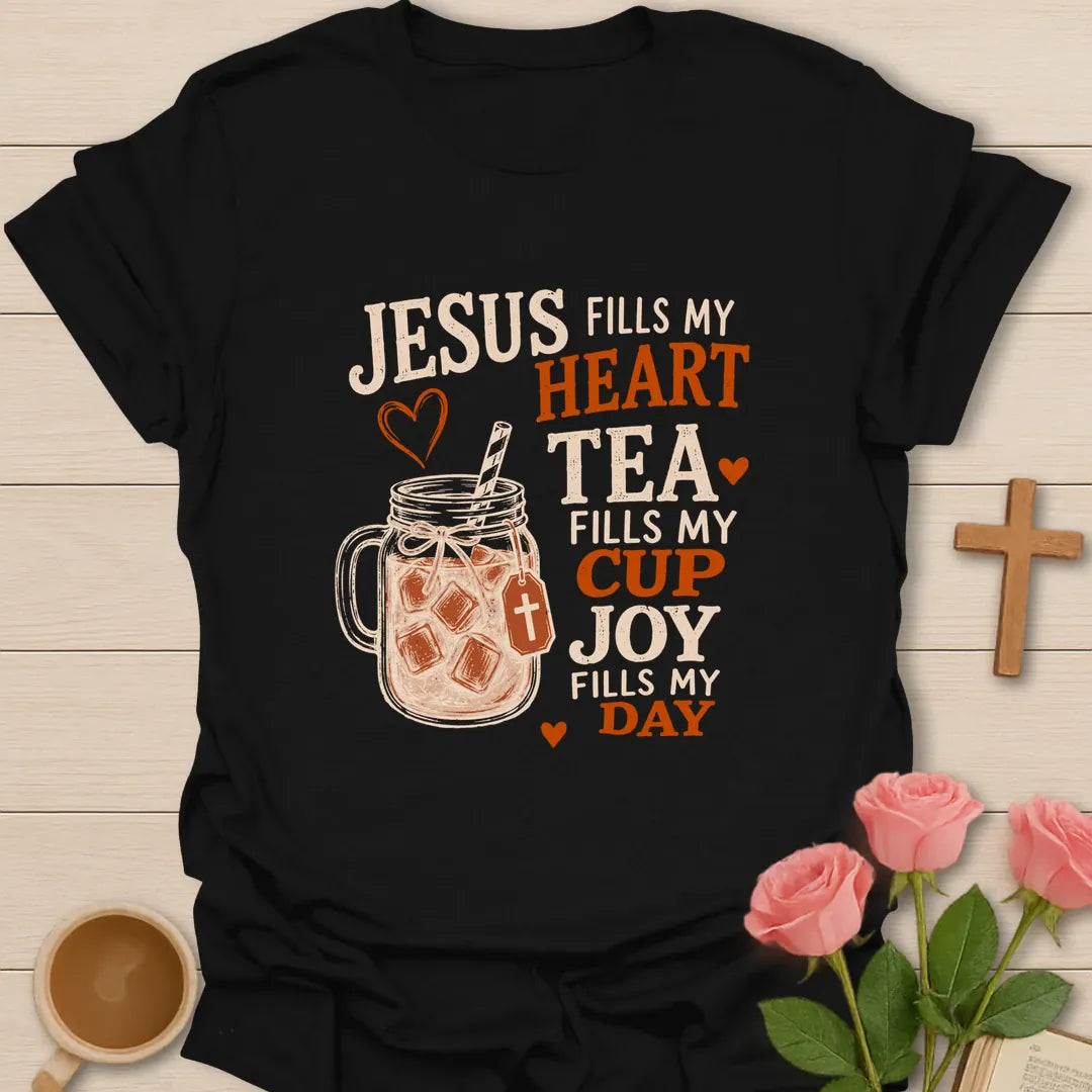 Jesus Fills My Heart Christian t-shirt with heart motif and faith-inspired lettering - Black
