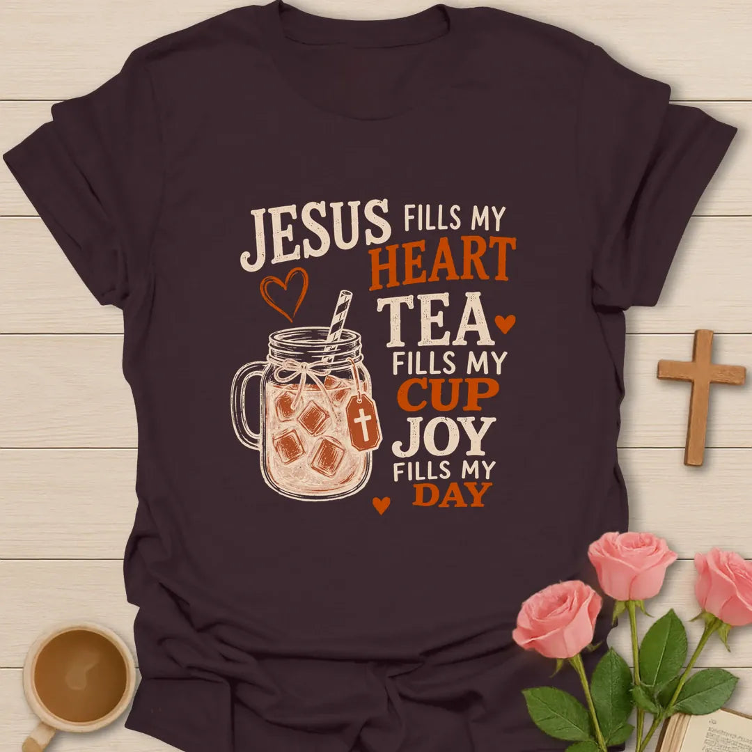 Jesus Fills My Heart Christian t-shirt with heart motif and faith-inspired lettering - Dark Chocolate