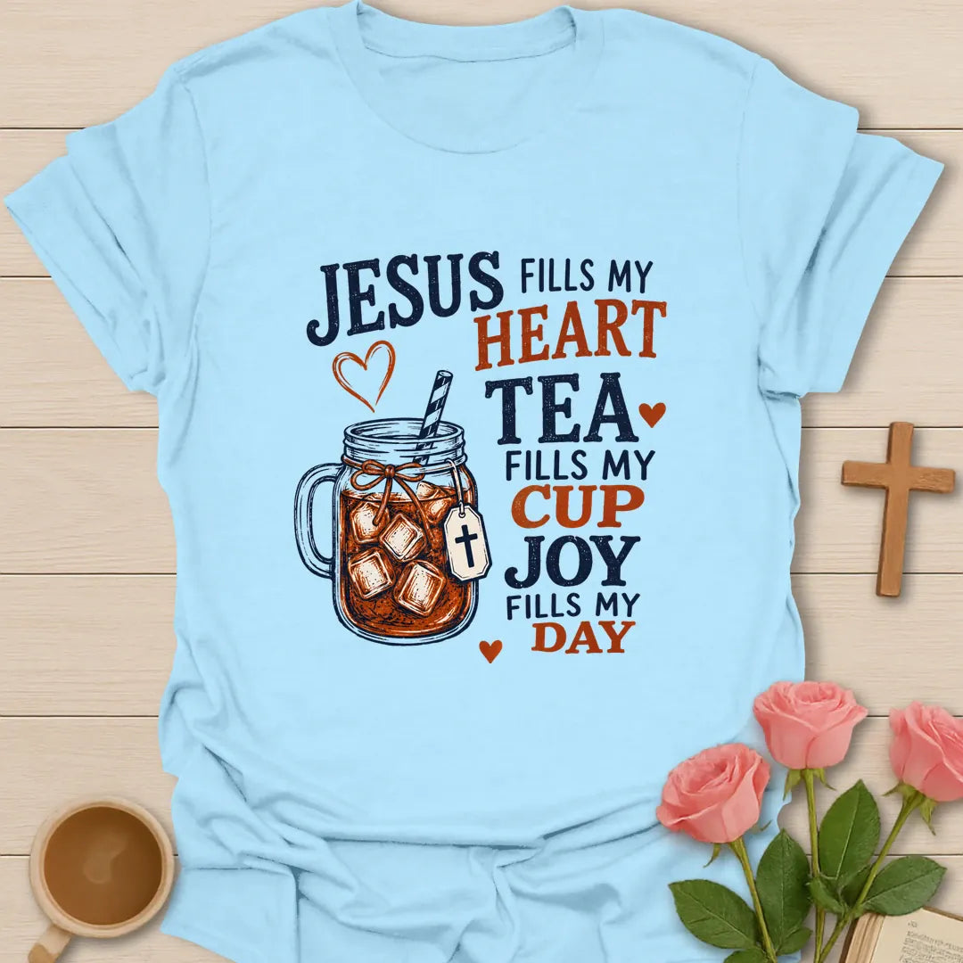 Jesus Fills My Heart Christian t-shirt with heart motif and faith-inspired lettering - Light Blue