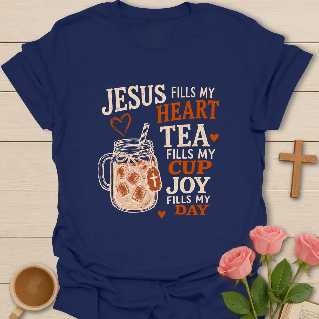 Jesus Fills My Heart Christian t-shirt with heart motif and faith-inspired lettering - Navy