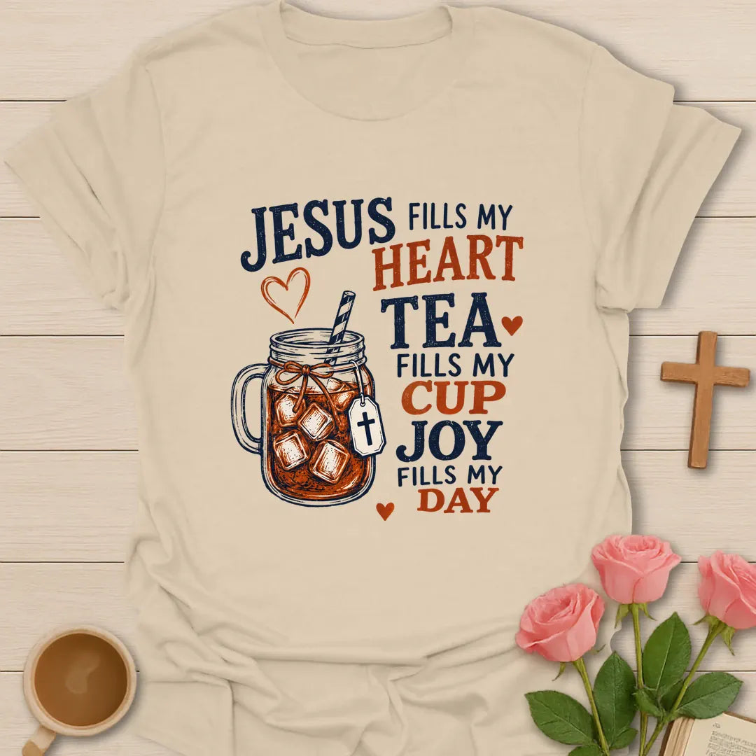 Jesus Fills My Heart Christian t-shirt with heart motif and faith-inspired lettering - Sand