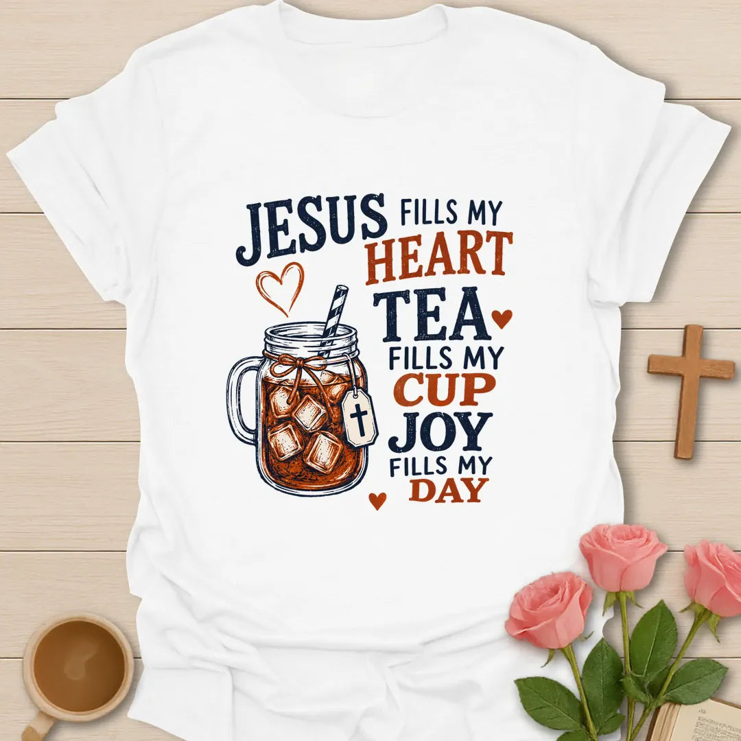 Jesus Fills My Heart Christian t-shirt with heart motif and faith-inspired lettering - White