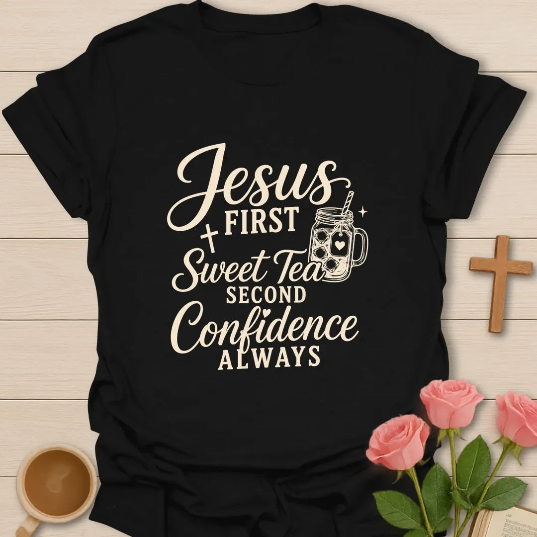 Jesus First Tea Second Christian t-shirt with playful lettering and faith-inspired design - Black