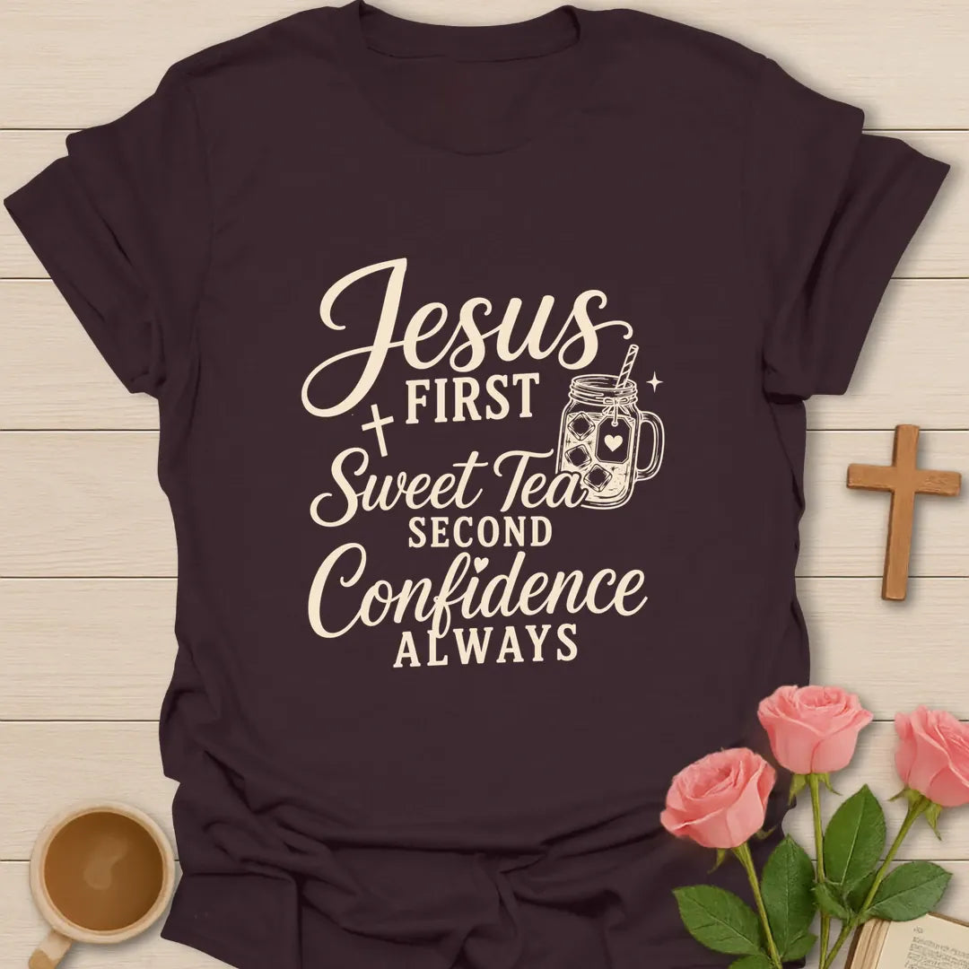 Jesus First Tea Second Christian t-shirt with playful lettering and faith-inspired design - Dark Chocolate