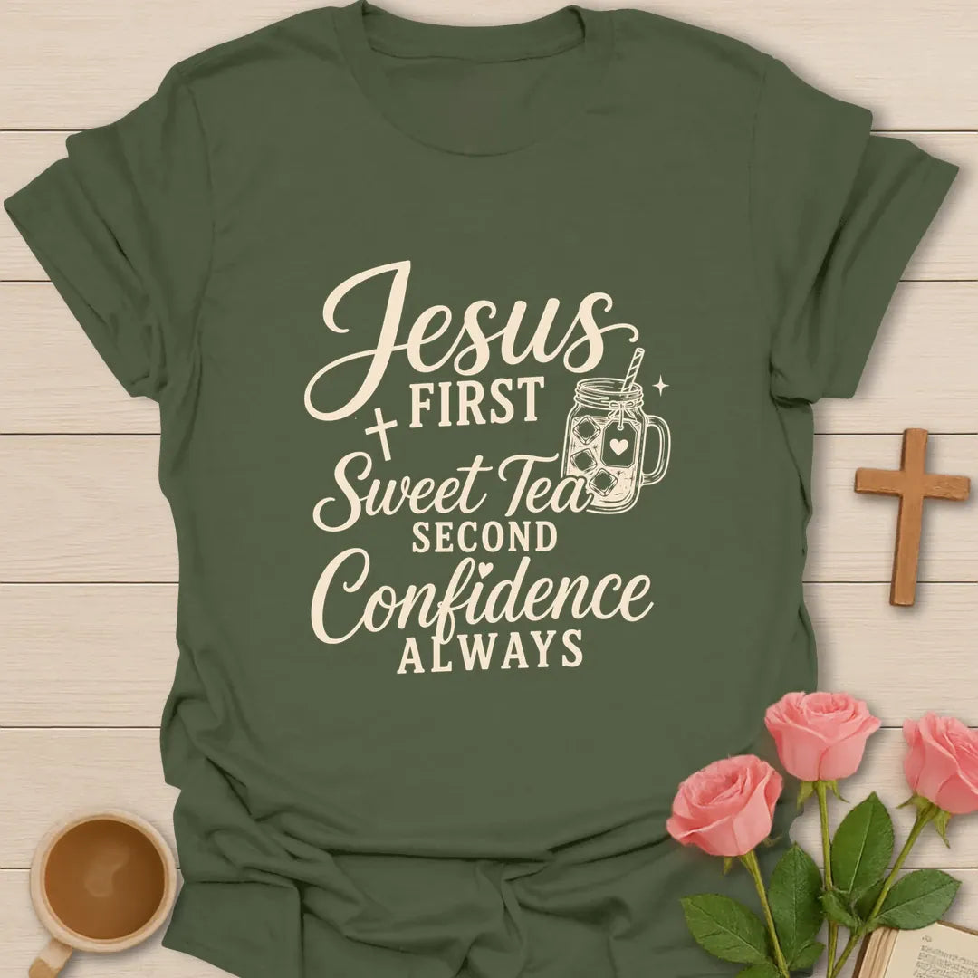 Jesus First Tea Second Christian t-shirt with playful lettering and faith-inspired design - Military Green
