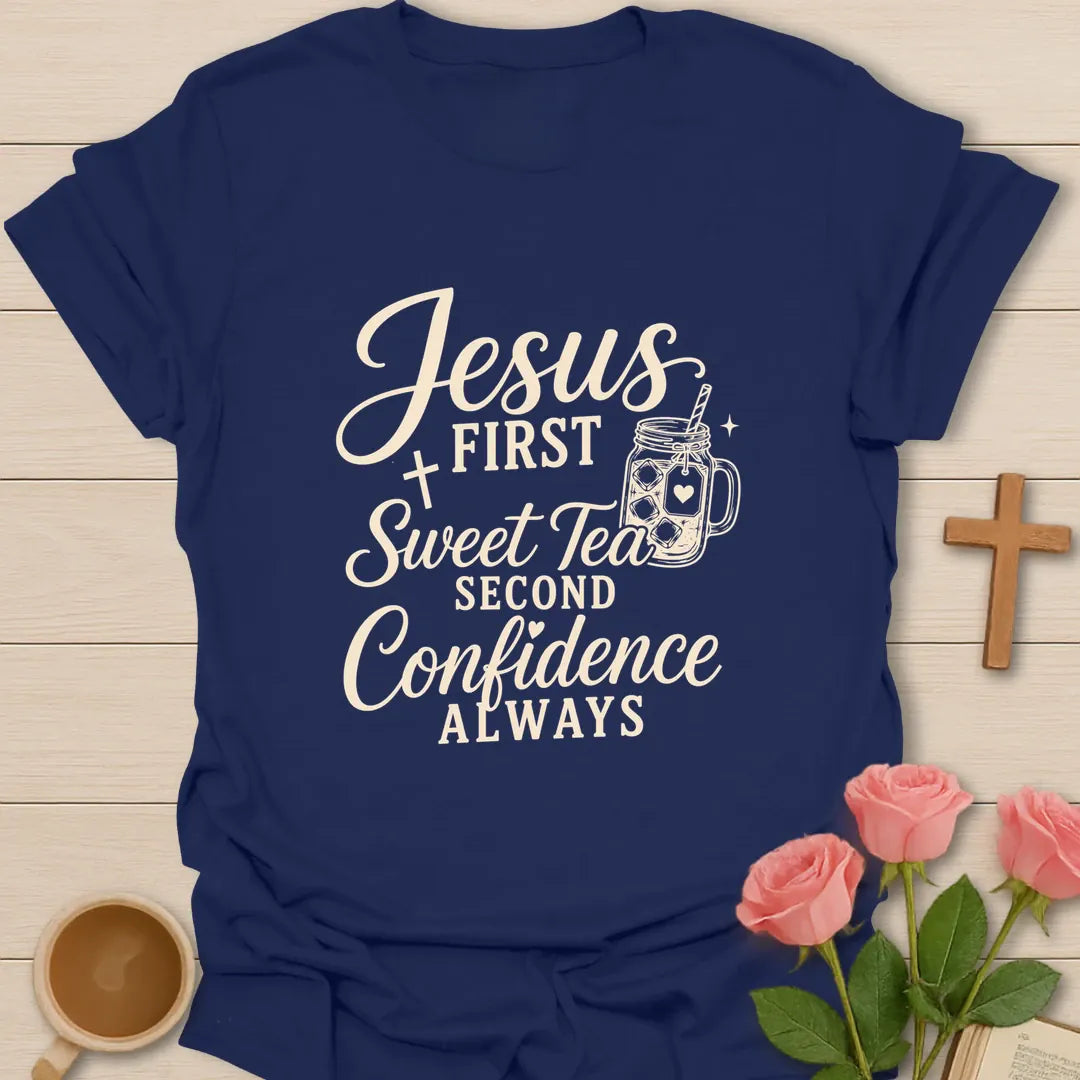 Jesus First Tea Second Christian t-shirt with playful lettering and faith-inspired design - Navy