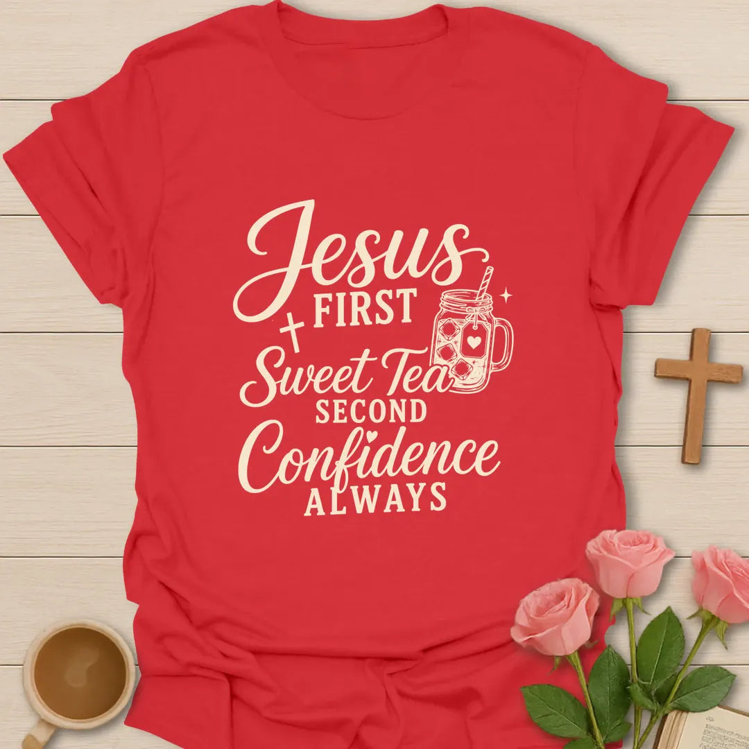 Jesus First Tea Second Christian t-shirt with playful lettering and faith-inspired design - Red