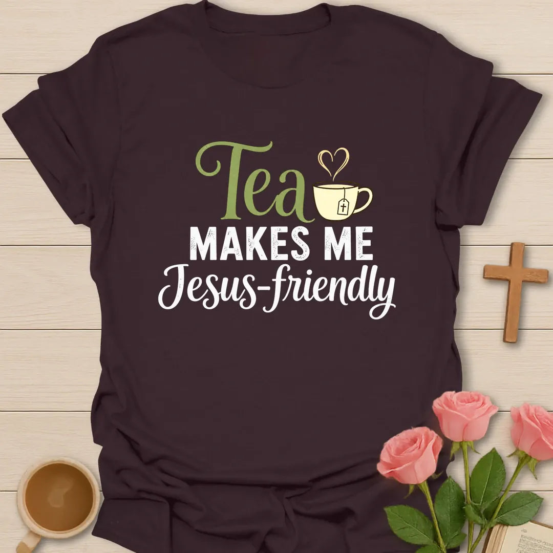Jesus Friendly shirt with teacup, cross, and cream vintage lettering. - Dark Chocolate