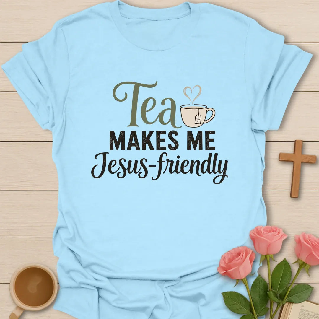 Jesus Friendly shirt with teacup, cross, and cream vintage lettering. - Light Blue