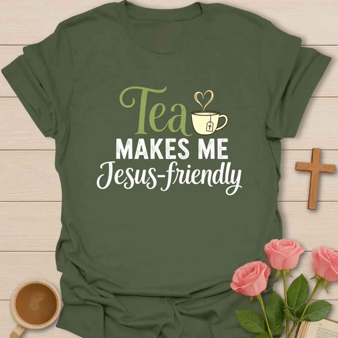 Jesus Friendly shirt with teacup, cross, and cream vintage lettering. - Military Green