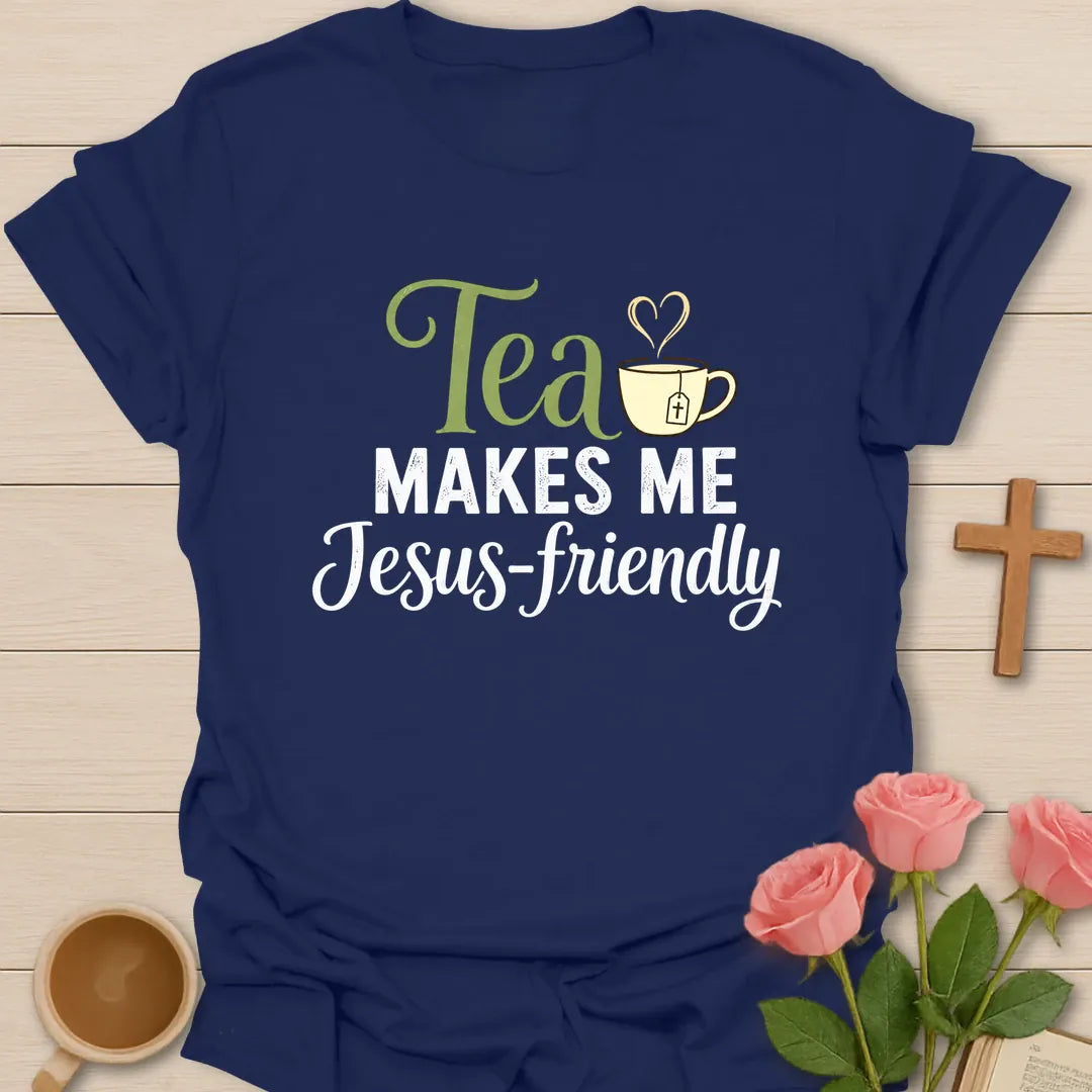 Jesus Friendly shirt with teacup, cross, and cream vintage lettering. - Navy