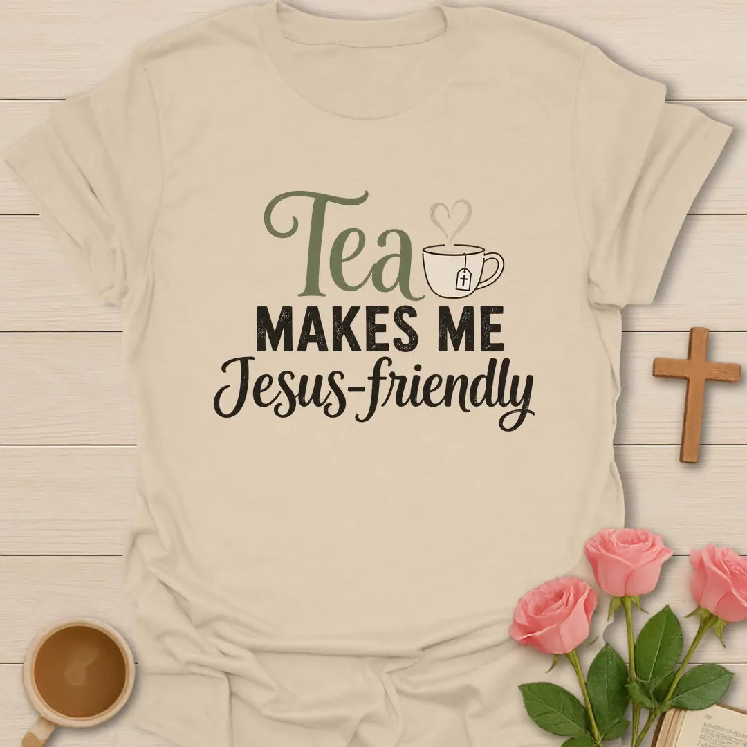 Jesus Friendly shirt with teacup, cross, and cream vintage lettering. - Sand