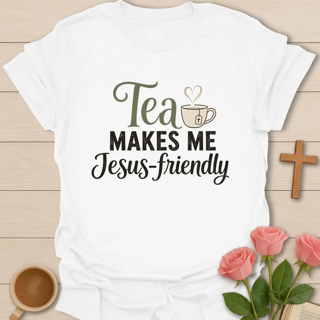 Jesus Friendly shirt with teacup, cross, and cream vintage lettering. - White