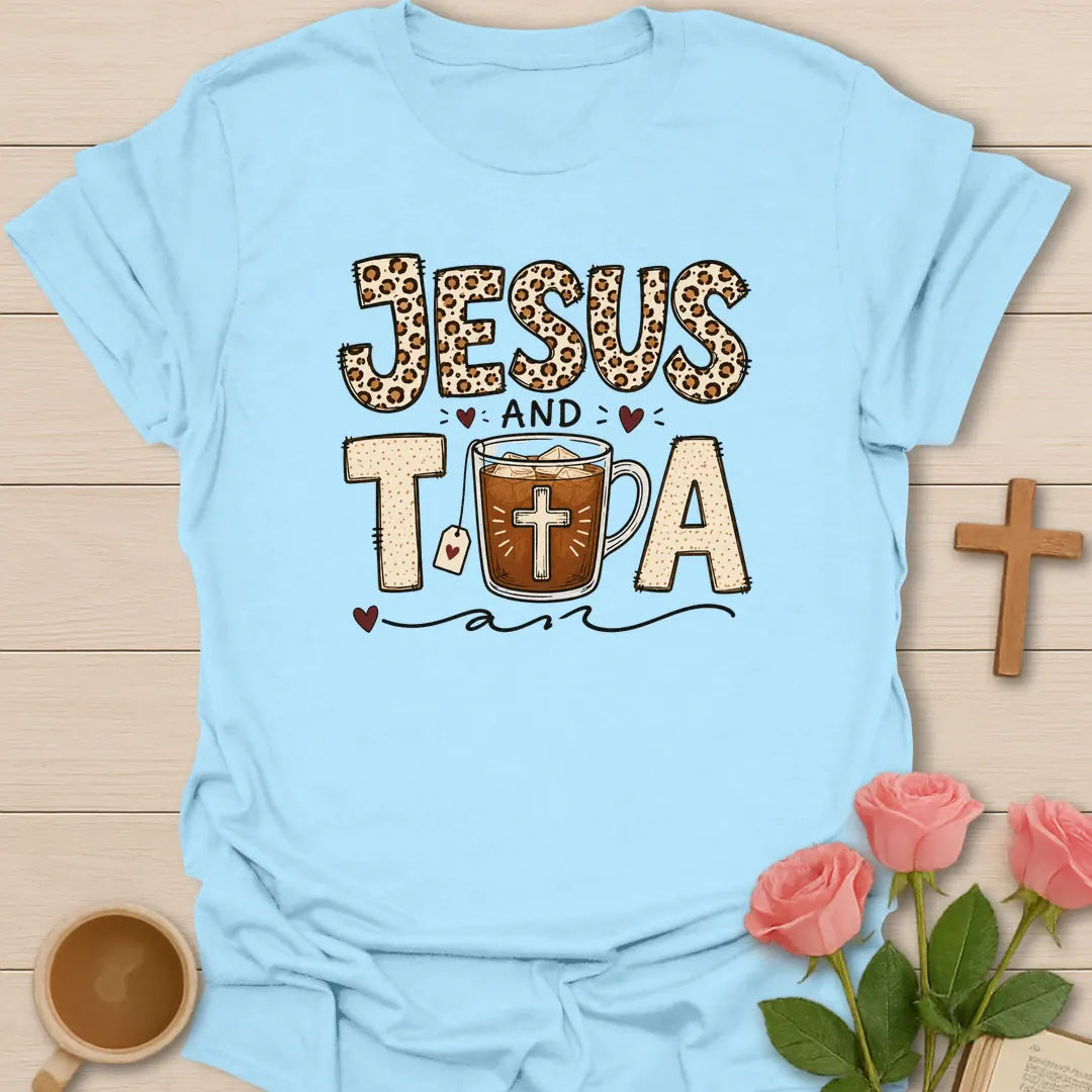 Jesus and Tea shirt with leopard print lettering, iced tea cup, cross, tea tag, hearts, and bold vintage style. - Light Blue