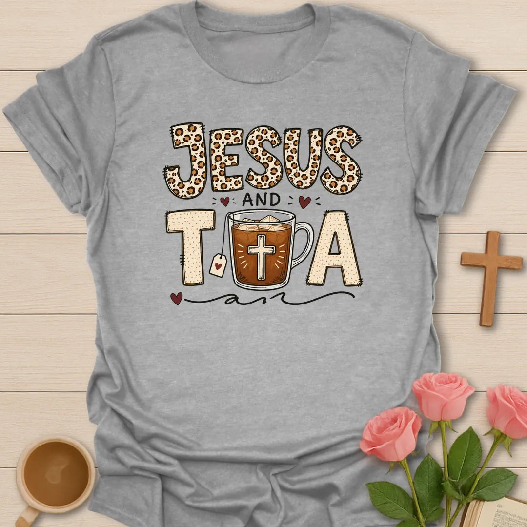 Jesus and Tea shirt with leopard print lettering, iced tea cup, cross, tea tag, hearts, and bold vintage style. - Sport Grey