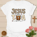Jesus and Tea shirt with leopard print lettering, iced tea cup, cross, tea tag, hearts, and bold vintage style. - White