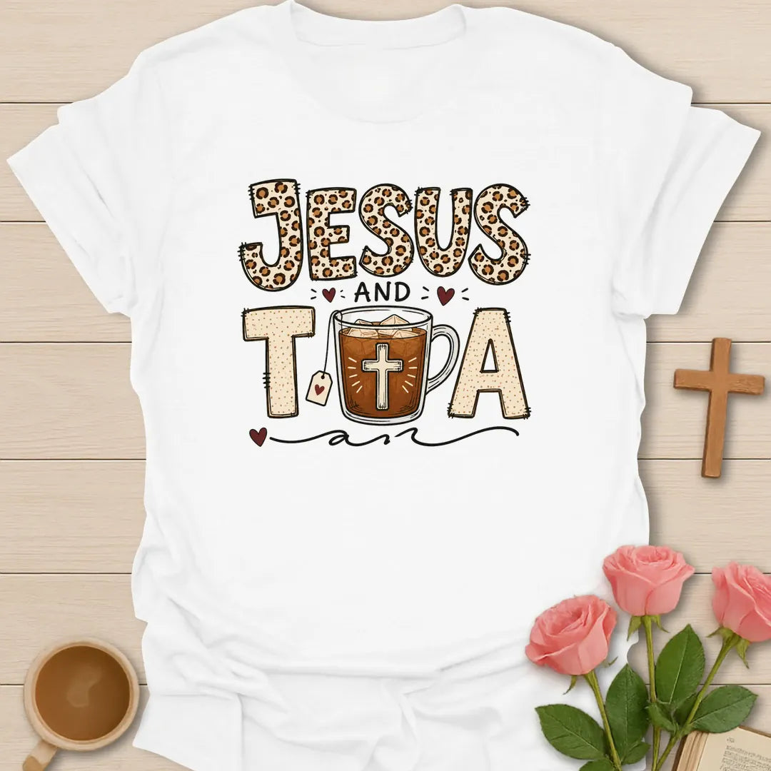 Jesus and Tea shirt with leopard print lettering, iced tea cup, cross, tea tag, hearts, and bold vintage style. - White