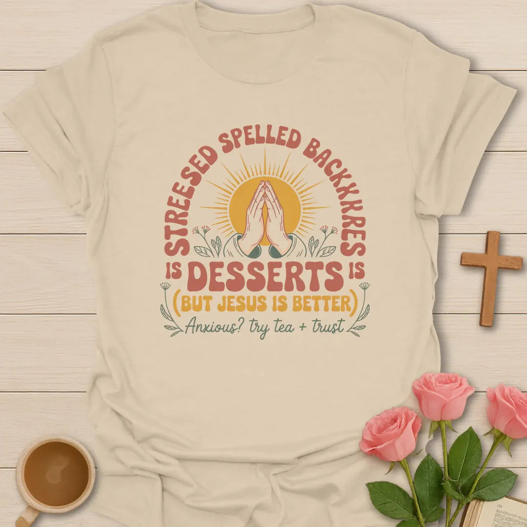 Jesus Is Better shirt with cream vintage lettering and faith-inspired design. - Sand