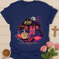 Jesus Is My Anchor tea shirt with beach hut, surfboards, palm tree, moon, teacup, and Psalm 46:10 text. - Navy