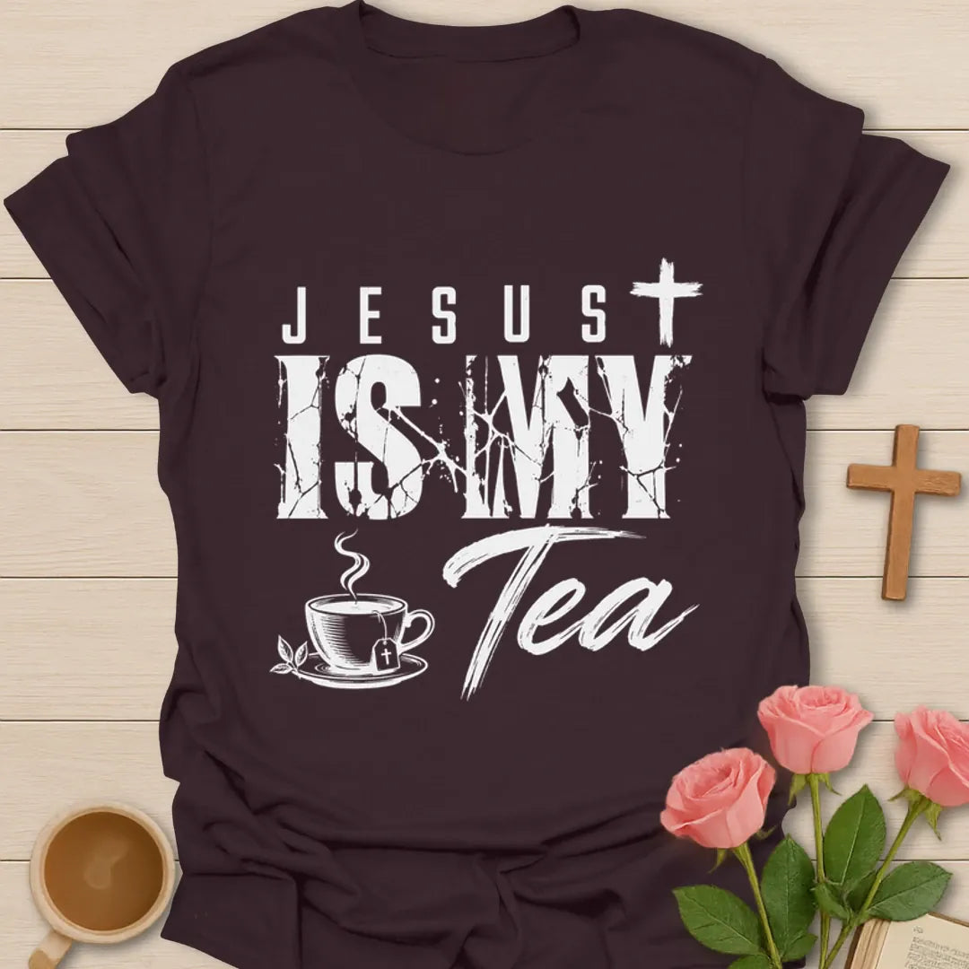 Jesus Is My Tea shirt with bold distressed white lettering, teacup, tea bag, cross, and leaves. - Dark Chocolate